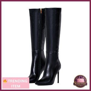 4 Inch Stiletto Knee High Boots, Pointed Toe, Faux Leather Suede